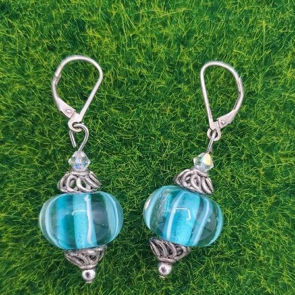 925 Glass Elegant Silver and Blue Dangle Earrings E1014 - Picture 1 of 3